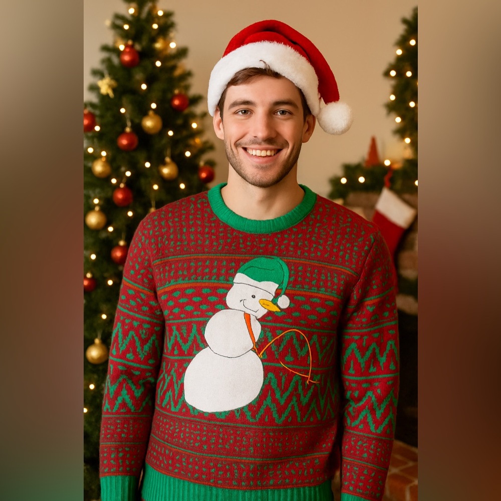 Carbon Funny Christmas Snowman Ugly Sweater Red Green Men’s Size Small